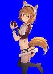 Rule 34 | 1girl, animal ear fluff, animal ears, ass, asymmetrical hair, black thighhighs, blonde hair, blue background, blush, bowl, breasts, bridal gauntlets, butt crack, commentary request, cookie (touhou), covered erect nipples, crop top, foot out of frame, fox ears, fox girl, fox tail, garter belt, highres, holding, leg up, looking at viewer, maid headdress, medium breasts, microskirt, miramikaru riran, open mouth, panties, panties over garter belt, red eyes, red panties, red shirt, rice bowl, shirt, short hair, short sleeves, side-tie panties, sidelocks, simple background, skindentation, skirt, solo, sy4, tail, thighhighs, underwear