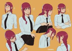 Rule 34 | 1girl, ?, black necktie, black pants, blush, braid, braided ponytail, breasts, chainsaw man, closed mouth, collared shirt, expressions, half-closed eyes, heart, highres, long sleeves, makima (chainsaw man), medium breasts, necktie, nose, pants, red hair, shirt, smile, solo, suyohara, yellow eyes