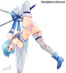 Rule 34 | 10s, 1girl, bad id, bad pixiv id, bdsm, blue eyes, blue hair, blush, bondage, boots, bound, bound leg, bound wrists, breasts, cape, censored, chain, dripping, ginko (silver fox), large breasts, leg up, magical girl, mahou shoujo madoka magica, mahou shoujo madoka magica (anime), miki sayaka, navel, nipples, no pants, panties, pee, peeing, peeing self, short hair, solo, striped clothes, striped panties, sword, thighhighs, torn clothes, underwear, upside-down, watermark, weapon, web address, wet, white thighhighs