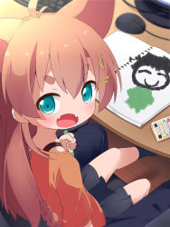 Rule 34 | 1girl, :d, ahoge, animal ears, aqua eyes, black skirt, black socks, blouse, blurry, blurry background, blush, braid, brown hair, child&#039;s drawing, commentary request, crayon, extra ears, fangs, hair between eyes, hair ornament, hairclip, highres, holding, holding crayon, keyboard (computer), long hair, looking at viewer, makuran, momiji (makuran), mouse (computer), open mouth, orange shirt, original, shirt, short eyebrows, sitting, skirt, smile, socks, solo, solo focus, table, thick eyebrows, wooden floor