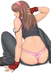 Rule 34 | 1girl, arm support, arm up, ass, bare shoulders, blue eyes, breasts, dead or alive, dead or alive 3, denim, downpants, fingerless gloves, fingernails, from behind, gloves, hairband, highres, hitomi (doa), jeans, light brown hair, lips, looking at viewer, medium breasts, midriff, open mouth, panties, pants, pink panties, shigenobu, shiny skin, simple background, sleeveless, smile, solo, thong, underwear, whale tail (clothing), white background