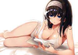 Rule 34 | 1girl, :o, arm support, bare shoulders, bed sheet, black hair, blue eyes, blush, book, bow, bow panties, breasts, camisole, cleavage, collarbone, eyes visible through hair, groin, hair between eyes, hairband, half-closed eyes, holding, holding book, idolmaster, idolmaster cinderella girls, lace, lace-trimmed panties, lace trim, large breasts, long hair, lying, on side, open book, panties, raiou, reading, sagisawa fumika, see-through, skindentation, solo, strap gap, sweat, thigh gap, underwear, underwear only, white camisole, white panties