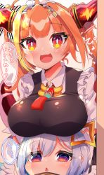 Rule 34 | 2girls, absurdres, alternate costume, amane kanata, blush, breast rest, breasts, breasts on head, commentary request, cosplay, dragon horns, highres, hololive, horns, kiryu coco, kobayashi-san chi no maidragon, long hair, looking at viewer, maid, maid headdress, multiple girls, open mouth, orange hair, parody, sakuramochi (sakura frappe), simple background, tohru (maidragon), tohru (maidragon) (cosplay), translated, triangle mouth, virtual youtuber, white background