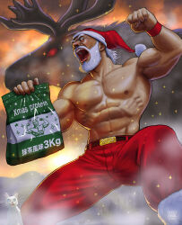 Rule 34 | 2023, abs, bag, belt, biceps, cat, clenched hand, dated, feet out of frame, hat, holding, male focus, matataku, muscular, muscular male, nipples, open mouth, original, outdoors, pants, pectorals, red eyes, red pants, reindeer, santa claus, santa hat, signature, surprised cat (matataku), topless male, translation request, white cat