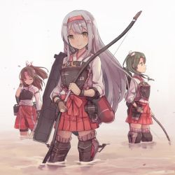 Rule 34 | 10s, 3girls, arm at side, armor, armored boots, arrow (projectile), blush, boots, bow (weapon), brown eyes, brown hair, closed eyes, eyebrows, faulds, flat chest, flight deck, gloves, gradient background, green eyes, green hair, grey hair, hachimaki, hair ribbon, tucking hair, hairband, half updo, hand on own hip, headband, high ponytail, holding, holding weapon, isegawa yasutaka, japanese clothes, kantai collection, light brown hair, long hair, looking at viewer, looking away, md5 mismatch, miko, multiple girls, muneate, parted bangs, partially fingerless gloves, partly fingerless gloves, pleated skirt, profile, quiver, red skirt, resized, ribbon, shoukaku (kancolle), single glove, skirt, smile, stab, standing, swept bangs, thigh boots, thighhighs, torpedo, twintails, wading, water, weapon, wind, yugake, zuihou (kancolle), zuikaku (kancolle)