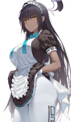 Rule 34 | 1girl, apron, black dress, black hair, blue archive, blush, breasts, chagama teishoku, clothes lift, dark-skinned female, dark skin, dress, dress lift, gloves, highres, karin (blue archive), large breasts, long hair, looking at viewer, maid headdress, pantyhose, puffy short sleeves, puffy sleeves, short sleeves, solo, thighs, white gloves, white pantyhose, yellow eyes