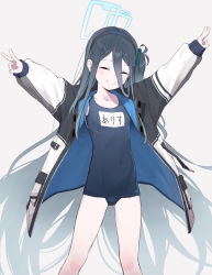 Rule 34 | 1girl, alternate costume, aqua halo, aris (blue archive), arms up, blue archive, blue hair, blush, breasts, closed eyes, collarbone, dark blue hair, double v, grey background, hair between eyes, halo, happy, headband, healthyman, highres, jacket, rectangular halo, school swimsuit, simple background, small breasts, solo, swimsuit, v, white background