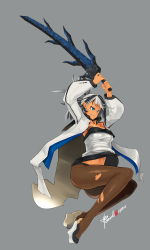 Rule 34 | 1girl, bad id, bad pixiv id, black hair, blue eyes, breasts, caooll, highres, large breasts, long hair, midair, original, pantyhose, platform footwear, pointy ears, signature, smile, solo, sword, torn clothes, torn pantyhose, weapon, white hair