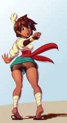 Rule 34 | 1girl, ajna (indivisible), ankle wrap, ass, beads, bike shorts, bracelet, breasts, bridal gauntlets, brown eyes, brown hair, cameltoe, cleft of venus, dark-skinned female, dark skin, from behind, full body, gloves, hair beads, hair ornament, highres, indivisible, jewelry, looking back, sandals, sash, short hair, shorts, shorts under skirt, single glove, skirt, soles, solo, sven (svenners), tiptoes, wide hips