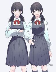 Rule 34 | 2girls, artist name, belt, black hair, black socks, bow, bowtie, breasts, brown eyes, buttons, chainsaw man, closed mouth, collared shirt, crossed arms, dress, dual persona, fingernails, grey background, grey belt, grey dress, hair between eyes, hand up, hands up, highres, long fingernails, long hair, long sleeves, looking at another, low twintails, medium breasts, mitaka asa, multiple girls, open mouth, puffy long sleeves, puffy sleeves, red bow, red bowtie, red eyes, ringed eyes, scar, scar on face, shirt, simple background, smile, socks, standing, teeth, twintails, v-shaped eyebrows, valentine (02140314c), white shirt, yoru (chainsaw man)