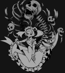 Rule 34 | 1girl, apron, black background, bloody marie (skullgirls), brooch, dress, frilled apron, frilled dress, frills, grey hair, greyscale, hair ornament, highres, jewelry, juliet sleeves, long sleeves, maid headdress, monochrome, puffy sleeves, skull, skull hair ornament, skullgirls, smile, solo, twintails