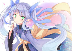 Rule 34 | 1girl, blue hair, blue kimono, blue ribbon, blush, closed mouth, commentary request, frilled sleeves, frills, green eyes, hair ribbon, hand up, highres, hizaka, holding, japanese clothes, kimono, kyoka (princess connect!), long hair, long sleeves, pointy ears, princess connect!, ribbon, smile, solo, split mouth, twintails, very long hair, wide sleeves