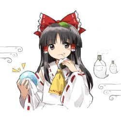 Rule 34 | 1girl, ascot, black eyes, black hair, closed mouth, collared shirt, detached sleeves, food, frilled ribbon, frilled shirt collar, frills, ghost, hair ribbon, hair tubes, hakurei reimu, hand up, holding, holding food, kaigen 1025, long hair, long sleeves, looking at viewer, onigiri, red ribbon, ribbon, ribbon-trimmed collar, ribbon-trimmed sleeves, ribbon trim, shirt, solo, touhou, upper body, white shirt, white sleeves, yellow ascot