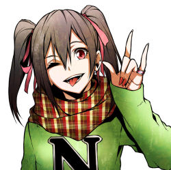 Rule 34 | 1girl, \m/, brown hair, fingernails, green sweater, hair between eyes, hand up, jewelry, long fingernails, long sleeves, looking at viewer, love live!, love live! school idol project, nail polish, one eye closed, red eyes, red nails, ring, scarf, simple background, smile, solo, sweater, tongue, tongue out, twintails, upper body, vice (kuronekohadokoheiku), w, white background, yazawa nico