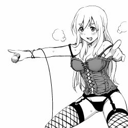 Rule 34 | 1girl, bare shoulders, blush, breasts, breath, cherie currie, cleavage, corset, cosplay, eyebrows, face, female focus, fishnet thighhighs, fishnets, garter belt, greyscale, k-on!, kotobuki tsumugi, large breasts, lingerie, long hair, matsui celine, microphone, monochrome, open mouth, outstretched arms, panties, pointing, runaways (band), simple background, smile, solo, standing, strap slip, sweat, thick eyebrows, thighhighs, underwear, underwear only, white background