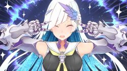 Rule 34 | 1girl, asymmetrical bangs, bad id, bad twitter id, brynhildr (fate), closed eyes, double v, emotional engine - full drive, emphasis lines, fate/grand order, fate/prototype, fate/prototype: fragments of blue and silver, fate (series), long hair, silver hair, solo, sparkle, v, yuzuruka (bougainvillea)