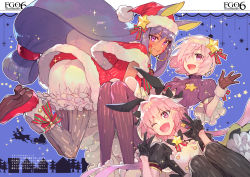 Rule 34 | 1boy, 2girls, animal ears, ass, astolfo (fate), astolfo (saber) (fate), astolfo (saber) (third ascension) (fate), black bow, black dress, black gloves, black legwear, black neckwear, black ribbon, bloomers, blue background, blush, bow, bowtie, brooch, buttons, capelet, closed mouth, dark skin, dress, earrings, facepaint, facial mark, fang, fate/grand order, fate (series), fur-trimmed dress, fur trim, gloves, grey legwear, hair between eyes, hair bow, hair intakes, hair ornament, hair over one eye, hair ribbon, hat, highres, hoop earrings, jackal ears, jewelry, layered skirt, light purple hair, long hair, long sleeves, looking at viewer, low-tied long hair, low twintails, mash kyrielight, merry christmas, multicolored hair, multiple girls, nitocris (fate), open mouth, pantyhose, pink hair, puffy short sleeves, puffy sleeves, purple dress, purple eyes, purple hair, purple legwear, red capelet, red dress, red footwear, red headwear, redrop, ribbed legwear, ribbon, santa costume, santa hat, short hair, short sleeves, sidelocks, skirt, smile, sparkle, star (symbol), star brooch, star hair ornament, streaked hair, thighhighs, trap, twintails, underwear, white hair, white skirt, wing collar