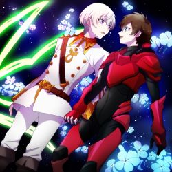 Rule 34 | 10s, 2boys, :d, :o, armor, belt, black bodysuit, blue eyes, blush, bodysuit, boots, brown hair, couple, eye contact, face-to-face, floral background, flower, hair between eyes, holding hands, interlocked fingers, jacket, kakumeiki valvrave, l-elf, long sleeves, looking at another, male focus, military, military uniform, multiple boys, neck, open mouth, purple eyes, red armor, sana423, short hair, side-by-side, silver hair, sky, smile, spacesuit, standing, star (sky), starry sky, tears, tokishima haruto, uniform, white jacket, yaoi