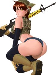 Rule 34 | 1girl, ass, assault rifle, bare shoulders, black gloves, black thighhighs, boots, brown hair, elbow gloves, gloves, green eyes, gun, highres, knee boots, m16, m16a1, nokaze koyama, original, rifle, short hair, simple background, solo, thighhighs, thighs, weapon, white background