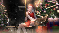 Rule 34 | 1girl, absurdres, bench, bow, bowtie, box, christmas, christmas tree, commission, gift, gift box, highres, interlocked fingers, kneehighs, lamppost, long hair, looking up, night, on bench, open mouth, original, own hands together, patch oxxo, pink eyes, pink hair, plaid, plaid skirt, pleated skirt, puppet, red bow, red bowtie, red headwear, red shawl, red skirt, shawl, sitting, skirt, socks, solo, speech bubble, star (sky), star (symbol)