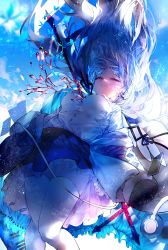 Rule 34 | 1girl, absurdres, angel, angel wings, blood, blue sky, breasts, bug, butterfly, grey hair, hair ornament, headphones, highres, insect, large breasts, long hair, looking at viewer, original, outdoors, red eyes, ribbon, shirt, skirt, sky, solo, stab, thighhighs, w (w64851564), white shirt, wings