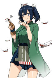 Rule 34 | 10s, 1girl, archery, blue eyes, blue hair, blush, breasts, bug, dragonfly, flight deck, gloves, hair ribbon, hyouju issei, bug, japanese clothes, kantai collection, large breasts, matching hair/eyes, partially fingerless gloves, partly fingerless gloves, ribbon, short hair, short twintails, single glove, skirt, smile, solo, souryuu (kancolle), twintails, yugake