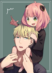Rule 34 | 1boy, 1girl, :d, absurdres, ahoge, anya (spy x family), black dress, black footwear, blonde hair, blush, carrying, child, commentary, dress, father and daughter, green background, green eyes, hair between eyes, happy, highres, holding legs, long sleeves, looking down, looking up, medium hair, open mouth, pink hair, pointing, pointing forward, short hair, shoulder carry, simple background, smile, spiked hair, spy x family, tamago sando, teeth, twilight (spy x family), upper teeth only, upturned eyes, v-shaped eyebrows, wide sleeves