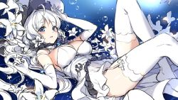Rule 34 | 1girl, azur lane, bow, breasts, detached collar, dress, flower, garter straps, gloves, hair bow, hat, illustrious (azur lane), large breasts, lily (flower), low twintails, lying, mole, mole under eye, nardack, on back, strapless, strapless dress, thighhighs, twintails, unfinished, white dress, white gloves, white hair, white hat, white thighhighs