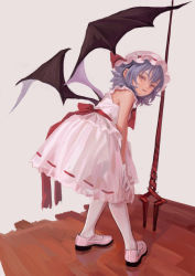 Rule 34 | 1girl, adapted costume, artist name, bat wings, bident, blue hair, dress, fkey, full body, grey background, hat, hat ribbon, lance of longinus (evangelion), leaning forward, looking at viewer, mob cap, open mouth, pantyhose, planted, polearm, red eyes, red ribbon, red sash, remilia scarlet, ribbon, sash, shoes, short hair, simple background, sleeveless, sleeveless dress, solo, spear, spear the gungnir, standing, touhou, weapon, white dress, white hat, white pantyhose, wings