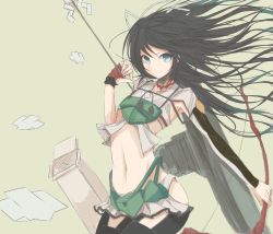 Rule 34 | 10s, 1girl, arm at side, arrow (projectile), asymmetric gloves, asymmetrical gloves, black hair, black thighhighs, blue eyes, bow (weapon), crop top, elbow gloves, fingerless gloves, flight deck, gloves, green background, hair ribbon, highres, kantai collection, katsuragi (kancolle), long hair, looking at viewer, machinery, midriff, miniskirt, nao (qqqbb), navel, pleated skirt, ponytail, red gloves, remodel (kantai collection), ribbon, shikigami, simple background, skirt, smile, solo, thighhighs, turret, uneven gloves, weapon, zettai ryouiki