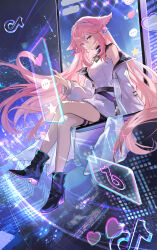 1girl absurdres animal_ears bare_shoulders belt black_belt black_footwear boots coat crossed_legs dress fox_ears full_body genshin_impact hand_up highres issign long_hair long_sleeves looking_at_viewer nail_polish night night_sky off_shoulder official_alternate_costume open_clothes open_coat outdoors pink_hair purple_eyes sitting sky smile solo tiktok_logo white_coat white_dress yae_miko yae_miko_(douyin)