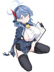 Rule 34 | 1girl, ako (blue archive), bell, black skirt, black thighhighs, blue archive, blue eyes, blue gloves, blue hair, blue jacket, blush, breasts, clipboard, collar, garter straps, gloves, hair between eyes, hairband, half gloves, halo, jacket, large breasts, loliconder, long hair, long sleeves, looking at viewer, neck bell, sideboob, sitting, skirt, smile, solo, thighhighs, thighs, wariza