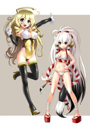 Rule 34 | 2girls, :d, arm up, bare shoulders, bell, black hair, blonde hair, blue eyes, blush, boots, breasts, calligraphy brush, cleavage, collarbone, detached sleeves, nib pen (object), full body, gloves, gluteal fold, hair bell, hair ornament, high heel boots, high heels, jingle bell, katahira masashi, large breasts, long hair, looking at viewer, multicolored hair, multiple girls, navel, open mouth, original, paintbrush, pen, personification, platform clogs, platform footwear, red eyes, sarashi, simple background, smile, thigh boots, thighhighs, two-tone hair, very long hair, white gloves, white hair