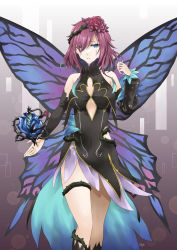 Rule 34 | 1girl, absurdres, bare shoulders, black dress, blue eyes, breasts, butterfly wings, center opening, cleavage, commission, covered navel, detached sleeves, dress, facial mark, fairy wings, fire emblem, fire emblem heroes, flower, gradient background, gradient clothes, hair flower, hair ornament, hair over one eye, hair vines, highres, insect wings, long sleeves, medium breasts, medium hair, midori no baku, nintendo, pixiv commission, plant, purple hair, rose, short dress, signature, simple background, solo, thorns, triandra (fire emblem), vines, wings