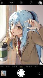 Rule 34 | 1other, absurdres, blue hair, chocoeiru, coffee, coffee cup, cup, disposable cup, hand on own face, highres, humanization, long hair, looking at viewer, rimuru tempest, sweatdrop, tensei shitara slime datta ken, yellow eyes