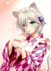 Rule 34 | 1girl, anastasia (idolmaster), animal ears, apron, blue eyes, cat ears, cat tail, fang, floral print, headgear, idolmaster, idolmaster cinderella girls, japanese clothes, looking at viewer, maid, paw pose, pink background, solo, tail, wa maid, white hair, zen