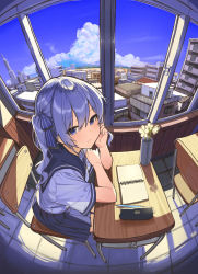 Rule 34 | 1girl, arm rest, blue bow, blue eyes, blue hair, blue sailor collar, blue skirt, blue sky, blush, bow, chair, city, classroom, closed mouth, cloud, commentary request, day, desk, fisheye, flower, hair between eyes, hair bow, highres, hololive, hoshimachi suisei, indoors, long hair, looking at viewer, mechanical pencil, notebook, pencil, pencil case, plant, pleated skirt, potted plant, sailor collar, school chair, school desk, school uniform, serafuku, shirokuma 1231, shirt, short sleeves, side ponytail, sidelocks, sitting, skirt, sky, smile, solo, star (symbol), star in eye, symbol in eye, virtual youtuber, white flower, white shirt