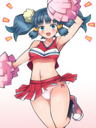 Rule 34 | 1girl, :d, alternate costume, alternate hairstyle, arm up, armpits, black socks, blue eyes, blue hair, blush, bouncing breasts, bow, bow panties, breasts, cheerleader, chro (rulurullu), covered erect nipples, creatures (company), dawn (pokemon), fang, game freak, hair ornament, hairclip, highres, jumping, long hair, looking at viewer, matching hair/eyes, midriff, miniskirt, navel, nintendo, no bra, open mouth, panties, pantyshot, pink panties, pleated skirt, pokemon, pokemon (anime), pom pom (cheerleading), ribbon, shoes, skirt, smile, sneakers, socks, solo, twintails, underwear, upskirt, white background