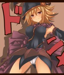 Rule 34 | 1girl, armpits, blonde hair, blush, breasts, brown eyes, cameltoe, cowboy shot, detached sleeves, duel monster, dyson (edaokunnsaikouya), gagaga girl, hat, impossible clothes, large breasts, letterboxed, panties, short hair, solo, underwear, white panties, yu-gi-oh!