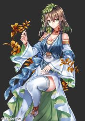Rule 34 | 1girl, brown hair, copyright name, flower, green eyes, hair ornament, japanese clothes, official art, plant, sid story, sila (carpen), solo, thighhighs