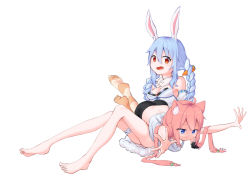Rule 34 | 2girls, absurdres, ahoge, animal ear fluff, animal ears, ass, asymmetrical legwear, barefoot, bike shorts, black bra, black shorts, blue eyes, blue hair, bra, braid, breasts, bridal garter, cat ears, cleavage, commentary request, don-chan (usada pekora), dress, full body, hair bobbles, hair ornament, highres, hinata channel, hololive, legs, legs up, long hair, low twintails, lying, lying on person, mismatched legwear, multiple girls, nekomiya hinata, nijiko uro, on stomach, open mouth, orange legwear, outstretched arms, pink hair, rabbit ears, red eyes, short dress, shorts, simple background, sitting, small breasts, soles, striped clothes, striped legwear, striped thighhighs, tank top, thighhighs, thighs, toes, twin braids, twintails, underwear, usada pekora, usada pekora (1st costume), very long hair, virtual youtuber, white background, white dress, white tank top, | |