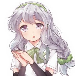 Rule 34 | 10s, 1girl, :o, arm warmers, braid, grey eyes, grey hair, hairband, kantai collection, komachi narota, long hair, low-tied long hair, neck ribbon, own hands together, ribbon, single braid, solo, suspenders, white background, yamagumo (kancolle)