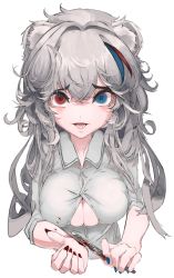 Rule 34 | 1girl, animal ears, arknights, aton (atonaton12), bear ears, blood, bloody weapon, blouse, blue eyes, blue hair, blue nails, breasts, cleavage, collared shirt, cropped torso, grey hair, hair between eyes, heart, heart-shaped pupils, heterochromia, highres, holding, holding knife, knife, large breasts, lips, long hair, looking at viewer, multicolored hair, nail polish, open mouth, red eyes, red hair, red nails, rosa (arknights), self-harm, shirt, simple background, solo, streaked hair, symbol-shaped pupils, two-tone nails, underboob, very long hair, weapon, white background, white shirt, wrist cutting