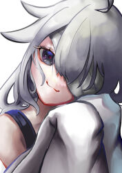Rule 34 | 1girl, ahoge, amehachi88, bandage over one eye, closed mouth, grey eyes, grey hair, hair between eyes, hair flaps, highres, long hair, no.21: xxi (punishing: gray raven), no.21 (punishing: gray raven), punishing: gray raven, red pupils, sleeves past fingers, sleeves past wrists, smug, solo, suspenders, white background, white sleeves