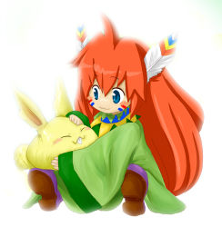 Rule 34 | 1boy, 1girl, :3, ahoge, androgynous, blue eyes, feather hair ornament, feathers, hair ornament, headpat, long hair, monster, popoi (seiken densetsu 2), rabite (seiken densetsu), red hair, seiken densetsu, seiken densetsu 2, sitting, tunic, wide sleeves