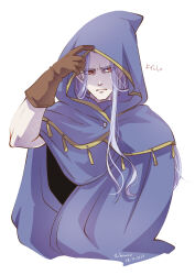Rule 34 | 1boy, adjusting hood, artist name, blue cloak, blue hair, blue hood, brown gloves, chrono trigger, cloak, closed mouth, colored skin, dated, furrowed brow, gloves, gold trim, grey skin, highres, hood, hooded cloak, long hair, magus (chrono trigger), male focus, parted bangs, red eyes, shikiwo, solo, upper body, white background