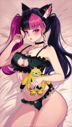 Rule 34 | animal ears, black bra, black hair, black panties, blunt bangs, blush, bra, breasts, cat ears, cat lingerie, cleavage, cleavage cutout, clothing cutout, cowboy shot, grizzbolt, highres, jewelry, maid headdress, matchacha, medium breasts, meme attire, multicolored hair, on bed, palworld, panties, pendant, pink eyes, pink hair, red lips, twintails, two-tone hair, underwear, zoe rayne