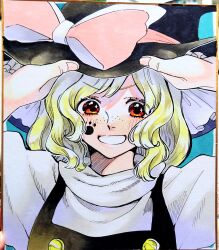 Rule 34 | animal hands, black vest, blonde hair, blue background, blush, buttons, facial tattoo, freckles, frilled hat, frills, hands on own head, hands up, hat, hat ribbon, highres, holding, holding clothes, holding hat, kirisame marisa, long hair, nail, orange eyes, paw print, pink ribbon, ribbon, shirt, simple background, smile, tattoo, teeth, touhou, traditional media, turtleneck, unfinished dream of all living ghost, vest, white shirt, whoru, witch hat