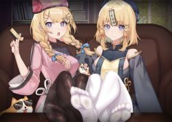 Rule 34 | 2girls, absurdres, blonde hair, blue eyes, chinese clothes, cleavage cutout, clothing cutout, couch, dog, feet, hat, highres, long hair, looking at viewer, low twin braids, medium hair, multiple girls, open mouth, pantyhose, soles, steam, sunglasses, symbol-shaped pupils, table, toes, twin braids, white pantyhose
