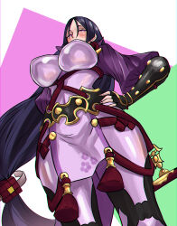 1girl armor black_gloves blush bodysuit breasts elbow_gloves fate/grand_order fate_(series) fingerless_gloves fukou gloves highres japanese_armor kote large_breasts long_hair looking_at_viewer minamoto_no_raikou_(fate) parted_bangs pelvic_curtain purple_bodysuit purple_eyes purple_hair ribbed_sleeves rope solo tassel very_long_hair